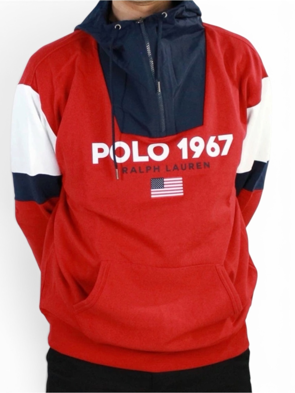 Polo by Ralph Lauren Men's Red 'Polo 1967' Pullover Sweatshirt with Nylon Hoodie